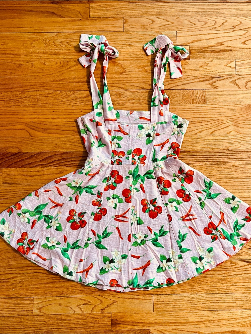 NWT Zara Pink Cherry Print Sundress With Green Leaves And White Flowers Size S